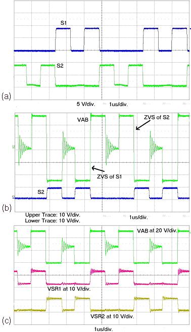 Figure 8: Experimental waveforms: (a) S 1 and S 2 driving signals, (b) isolation transformer primary side voltage V AB