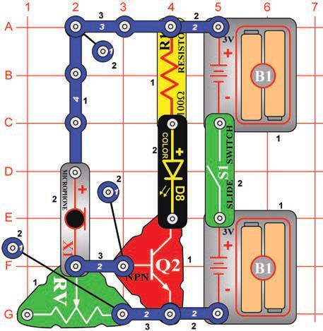 Project 45 Your Music Speed Changer (III) Use the circuit from project 43, but replace the 100W resistor (R1) with the color LED (D8, + to the left).