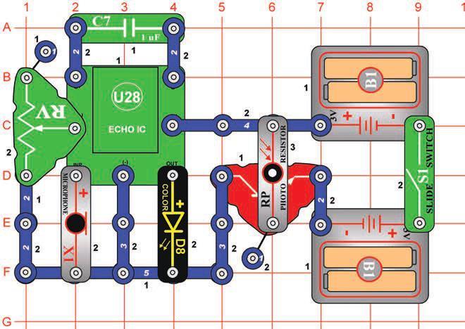 Project 130 Day Echo Light Project 131 Build the circuit as shown, and Day Echo place it where there is bright light shining into the photoresistor (RP). Turn on the slide switch Variants (S1).