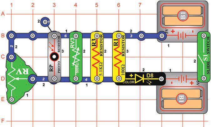 There are five resistors (R1, R3, RV, RV3, and RP), connected in series, that are controlling the current to the color LED (D8).