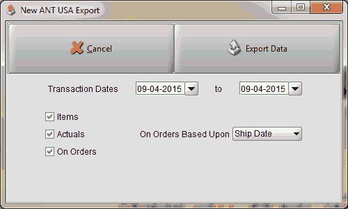 1 On the Main Menu, navigate to Open To Buy> Integrations> New ANT USA Export.