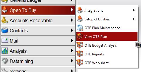 View OTB Plan This screen lets you view and modify your OTB plan from the bottom up to enter or change planned values which will distribute up to the higher levels of the plan, view actuals for