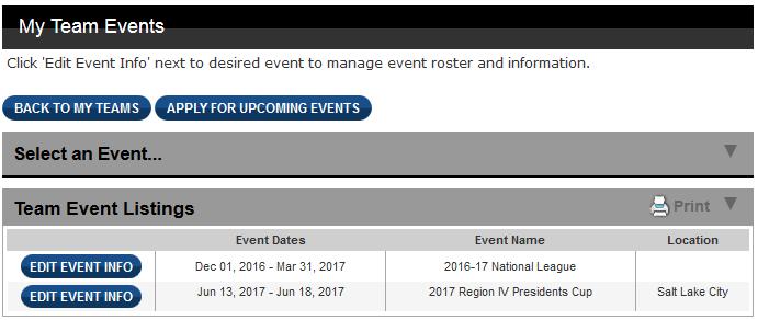 On the My Team Events page, you will see a list of the events for which your team is currently accepted.