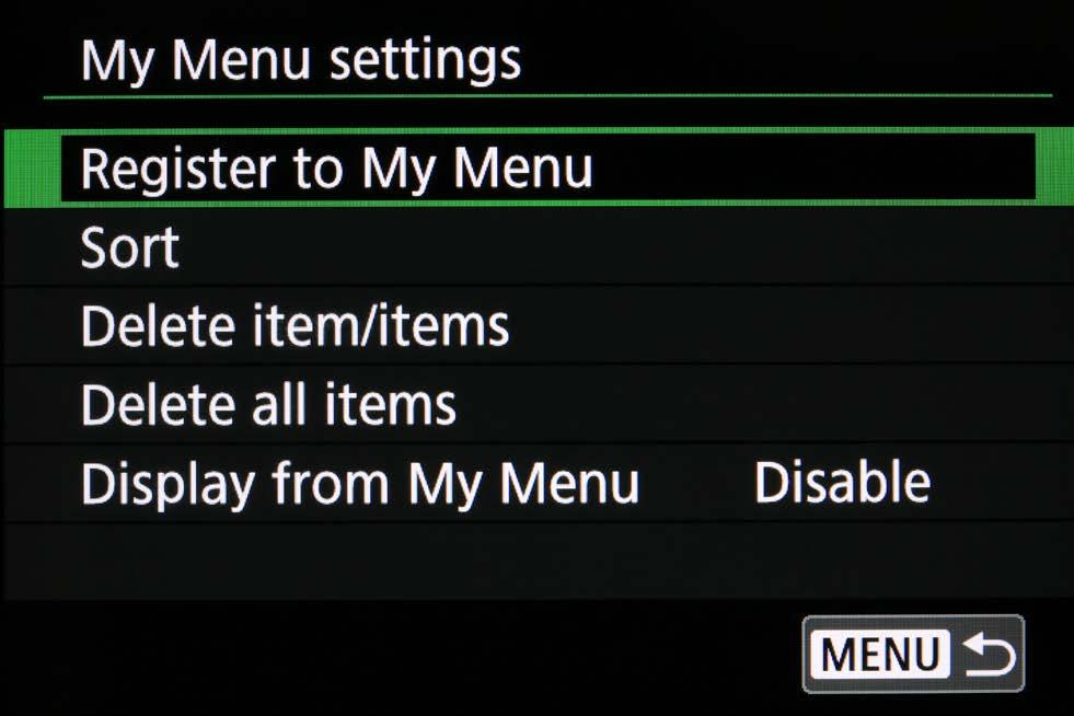 The My Menu option allows the photographer to create their own personal menu comprised of their 6 favourite commands from the total menu system.