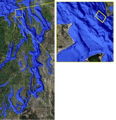 Port Townsend Seattle Tacoma Fig. 1 Map of Puget Sound (left) and Admiralty Inlet (right). Northern Admiralty Inlet survey area, 1 x 1.5 km (right, yellow). Bathymetric data from [4].