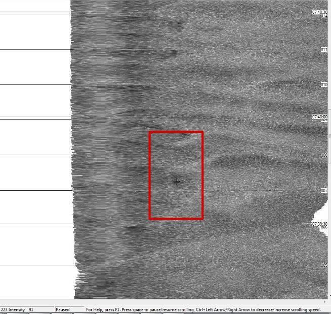 Figure 4. Multibeam backscatter data red rectangle shows a location where cable section has been detected interpreting sidescan sonar data 3.