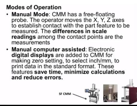 Now what are the different modes of operation now CMM are available which have manual mode and in this case it has free floating probe the operator moves the X,Y,Z axis manually move to establish