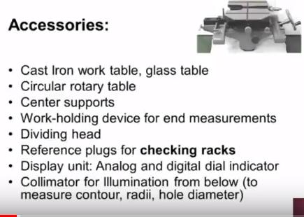 Now various accessories commercially available, which can be mounted into the universal measuring machine that is the work table of cast iron is possible, granite is possible and glass table is also