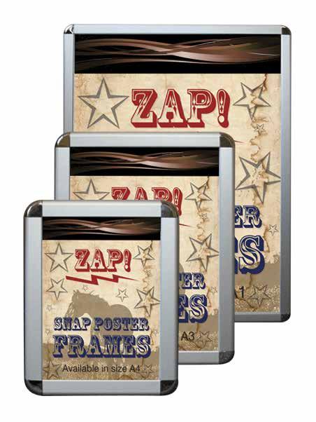 POSTER FRAMES POSTER FRAME ZAP FITTED TABLE ZAP Snap Poster Frames Radius chrome corners Snap open and snap close Non-glare protective cover sheet Solid back panel protects against damage Single or