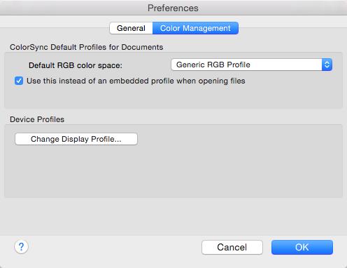Camera Control Pro Preferences 5/5 The Color Management Tab (Mac) The Mac version displays the following options.