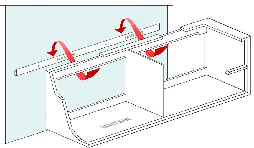 While two people hold the vanity base (D) in place, the third person marks screw placement in