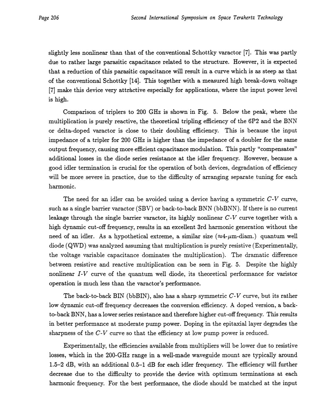Page 206 Second International Symposium on Space Terahertz Technology sli'ghtly less nonlinear than that of the conventional Schottky varactor [7].