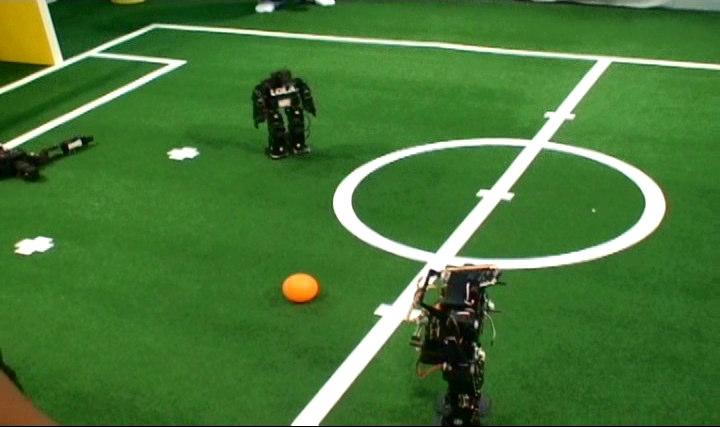 (a) Localization of unknown ball position. (b) Walking ability towards the ball. (c) Robot positioning at the ball for kicking.