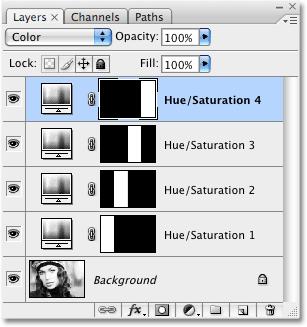 When you re done, you should have four Hue/Saturation adjustment layers in your Layers palette, one for each of the four sections: Each of the four sections now has its own Hue/Saturation adjustment