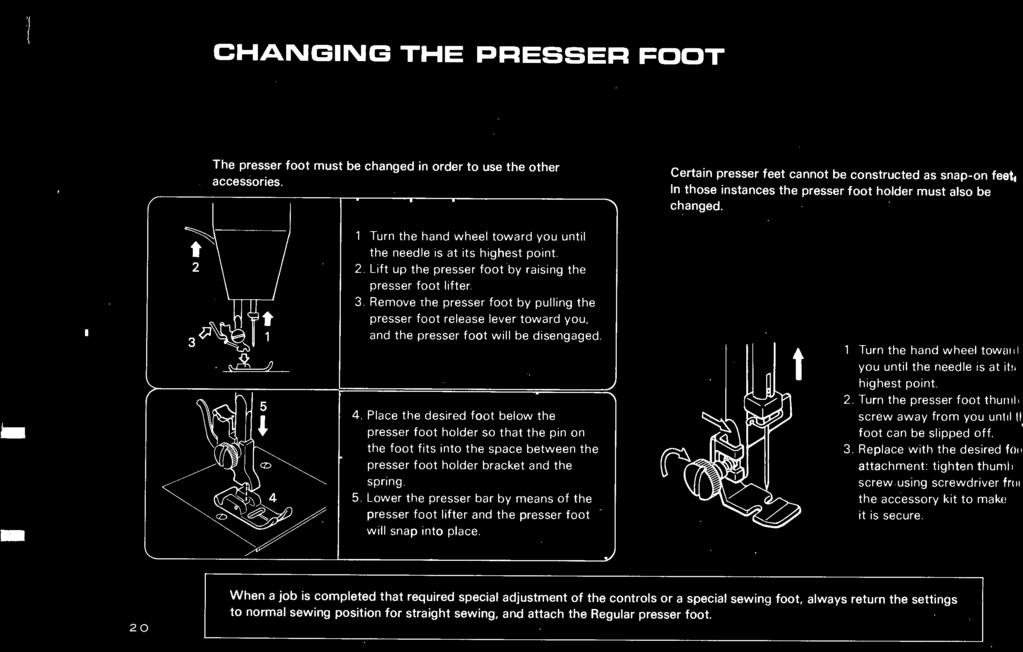 Certain presser feet cannot be constructed as snap-on feet, In those instances the presser foot holder must also be changed. 1. Turn the hand wheel tow ;11 you until the needle 1s at 11 highest point.