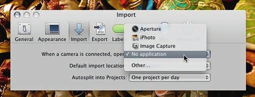 Apple Aperture 3 can be disabled in the operating system. It will then be up to you to manually invoke the Import command in whichever application you choose.
