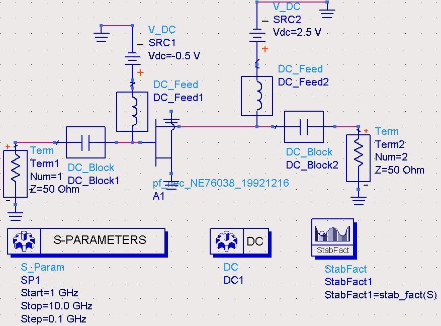 to stable the transistor at 2.4GHz frequency. To check the stability a schematic was designed with the DC block and DC feedback components, which is shown in figure 2.1. Fig 2.