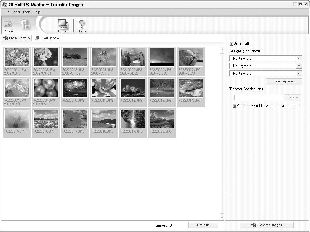 Displaying camera images on a computer Downloading and saving images You can save your images on your computer. 1 Click Transfer Images on the OLYMPUS Master main menu.