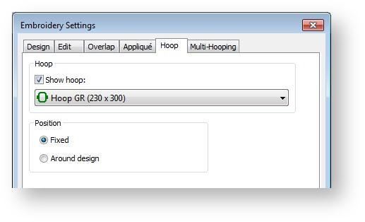 Prepare design for stitching PREPARE DESIGN FOR STITCHING Select hoop Click View > Show Hoop to show or hide hoop. Right-click for settings.