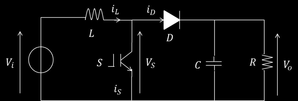 Fig. 4.16 Boost converter schematic [4-5] Assume that the boost converter is operating on continuous mode, while the current flows through the inductor never falls to zero.
