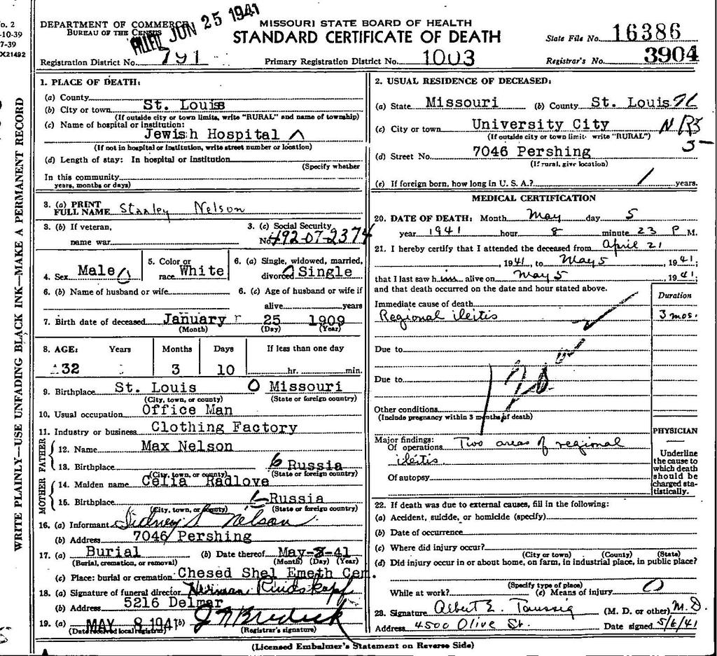 Stanley Nelson Death Certificate