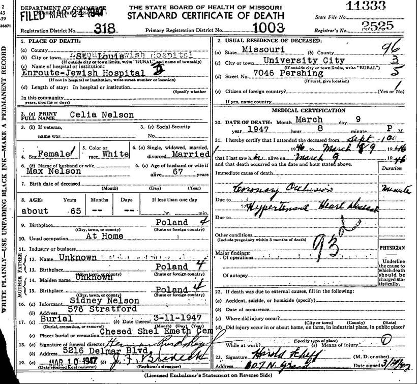 Celia Nelson Death Certificate No.