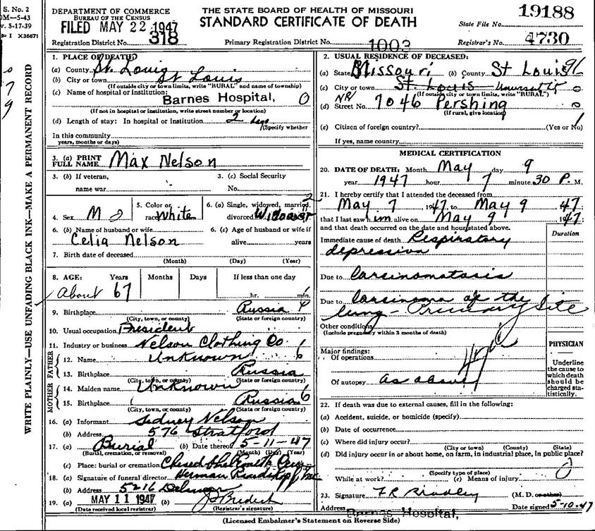 Max Nelson Death Certificate No.