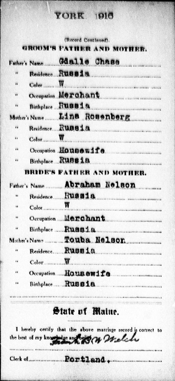 Name: Joseph Chase Spouse: Etta D Nelson March 8, 1916 Marriage Date: 8 Mar 1916 Marriage Place: Portland Father: Gdalle Mother: Lina Spouse Father: Abraham Spouse Mother: Touba Source Citation: