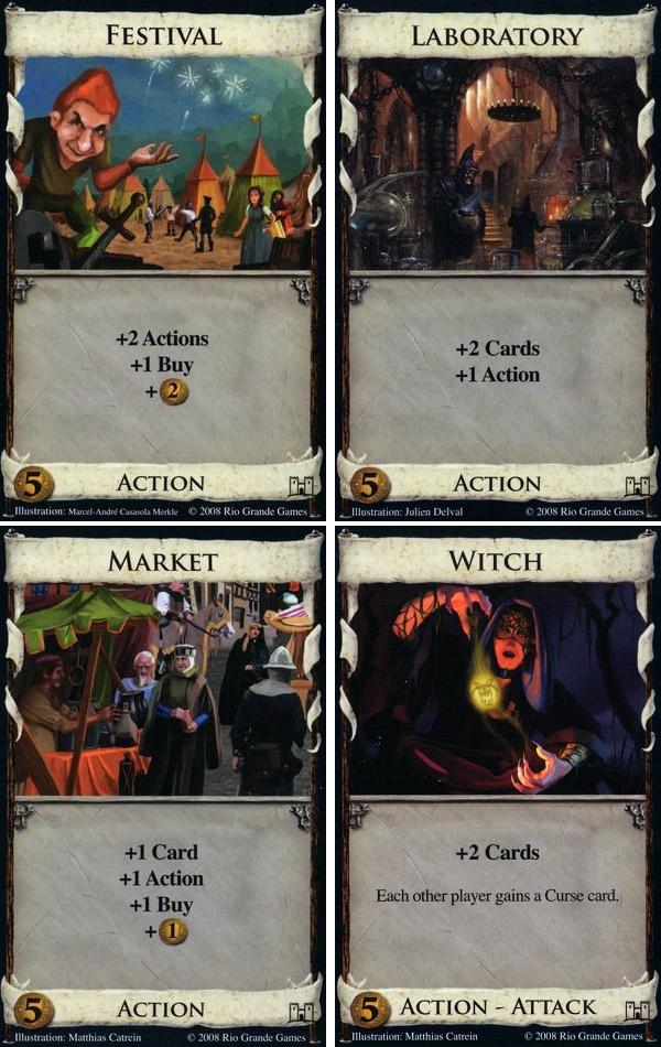 Figure 29: Festival: +2 Actions, +1 Buy, +2 Coins; Laboratory: +2 Cards, +1 Action; Market: