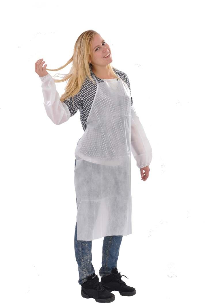 CLOTES Aprons and Oversleeves Polyethylene Apron Punched neck opening. Two strings at waist level. GAUGE 80 (0,020 mm.) 06/01/021 White Inner: Bag of 100. 80 (0,020 mm.) 06/01/022 Blue Outer: Carton 1000 aprons.