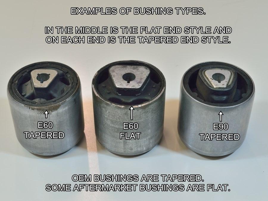 Here you can see the difference between the two styles of press adaptors. The tapered adaptor is for use on OEM bushings with tapered ends.