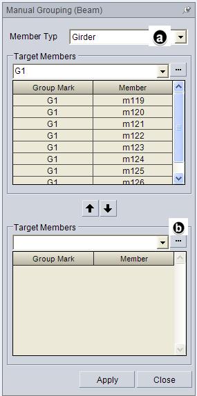 Manual Grouping With this option, member group names imported from midas Gen, can be modified. It is not necessary to use the manual grouping option if you use the same group name as in midas Gen. 1.