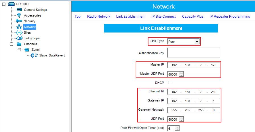 Capacity Plus 26 2. Select Peer in the Link Type field in the Network tab.enter Master IP and UDP port.