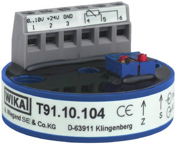 Electrical temperature measurement Analogue temperature transmitter Model T91.10, head mounting version DIN form B Model T91.20, head mounting version form J WIKA data sheet TE 91.