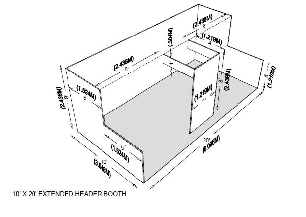 Extended Header Booth Extended Header Booth is a Linear Booth twenty feet (20ft) (6.10m) or longer with a center extended header.
