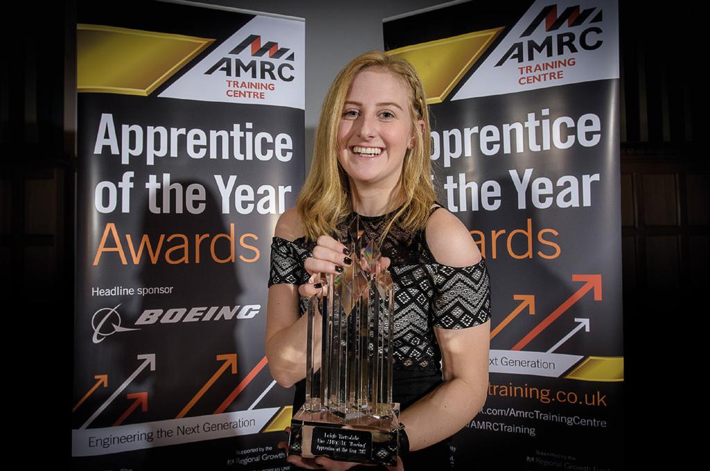 FEATURES AMRC Training Centre apprentice Leigh Worsdale wins Apprentice of the Year award Eighteen-year-old Leigh Worsdale became the first female apprentice to win the Apprentice of the Year award