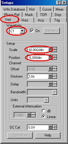 ( 5 ) Select C1 in Waveform drop-down list box on Vert tab. (C1 is the unfiltered single impedance waveform.) ( 6 ) Set the Setup Scale to 10.