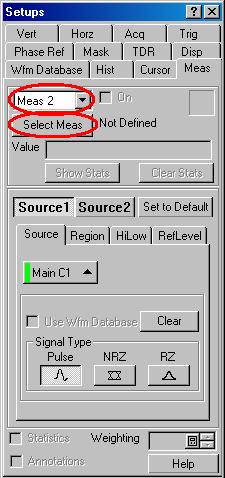 ( 1 1 ) Select the Meas2 in drop-down list box on Meas tab. ( 1 2 ) Click the Select Meas button, and then select Pulse Amplitude > Min. ( 1 3 ) Click the Source tab on Meas tab.