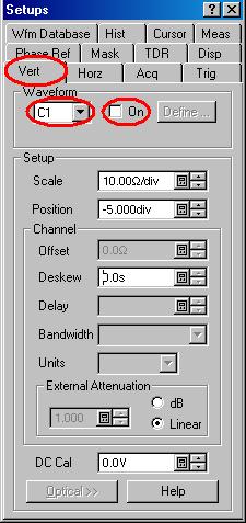 ( 1 9 ) Click the Vert tab on Setups window. ( 2 0 ) Select C1 in Waveform drop-down list box on Vert tab.