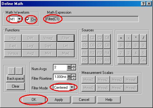 ( 1 6 ) Click the MATH icon. ( 1 7 ) Select the M1 in Math Waveform drop-down list box on Define Math window. ( 1 8 ) Enter Filter (C1) in the Math Expression filed on Define Math window.