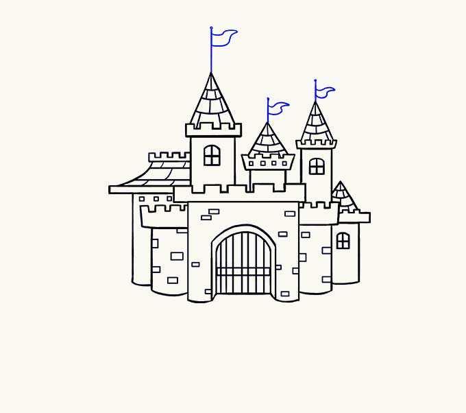 Add the detail of stone to the castle. Draw squares and rectangles of various sizes across the castle walls. Draw flags, or pennants, atop the towers. Extend a straight, vertical line from each tower.