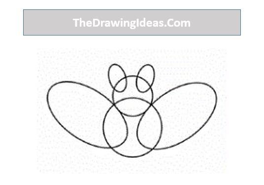 Draw eyes socket on the small circle and wings on the sides of big circle.