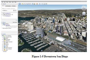 In the Layers window, make sure that "Roads", "3D buildings", and "Borders and Labels" are clicked on. Now zoom in, zoom out, and tilt to explore downtown San Diego (Figure 1-5).