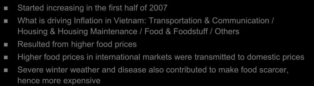 VIETNAM CONSUMER PRICE Started increasing in the first half of 2007 What is driving Inflation in Vietnam: