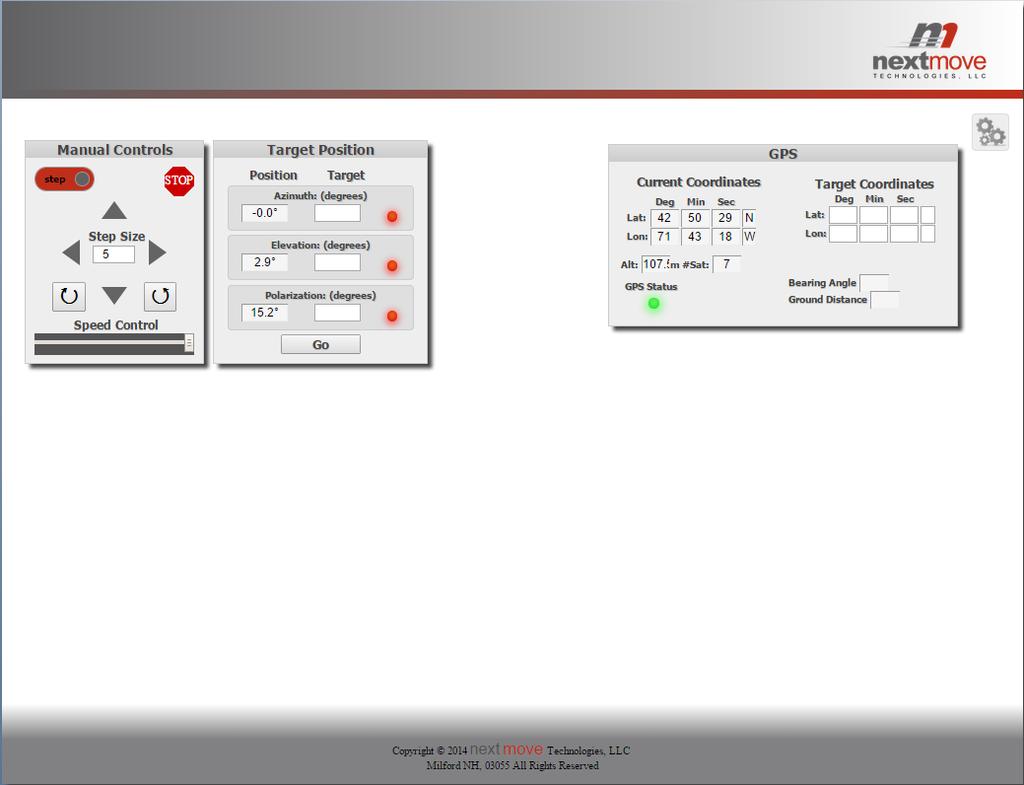 The User Interface main page will load into the browser window indicating that you are now connected to the LinkAlign antenna positioner. The table below identifies and describes each control window.