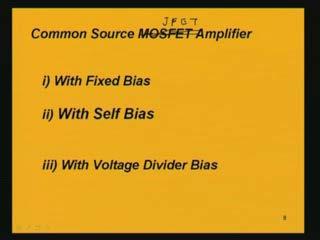 (Refer Slide Time: 21:23) The common source JFET amplifier has fixed bias, self bias and voltage divider biasing schemes.