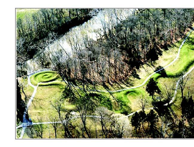 geometry and little tradition of contruction could have made not just one but four nearly right angles on so gigantic a scale. Below is the Adena Serpent mound near Locust Grove, Ohio.