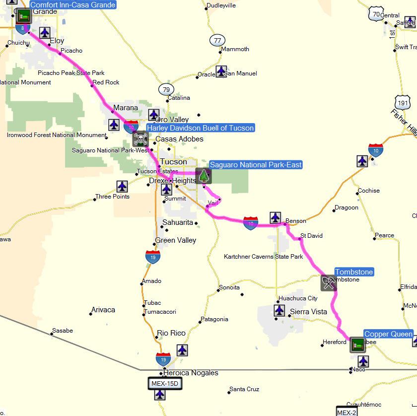 Right on Florence Blvd Right on I-10 E to Tucson 0.4 Exit Right on Cortaro Rd & go straight at light 52.0 Veer Right to stay on Casa Grande Hwy 52.4 Arrive at Tucson Harley Davidson on Right 53.