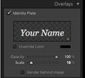 OverlayS 1 In the Overlays panel, select the Identity Plate option. This panel lets you adjust the opacity and scale of the Identity Plate. Use the mouse or your arrow keys to move the Identity Plate.