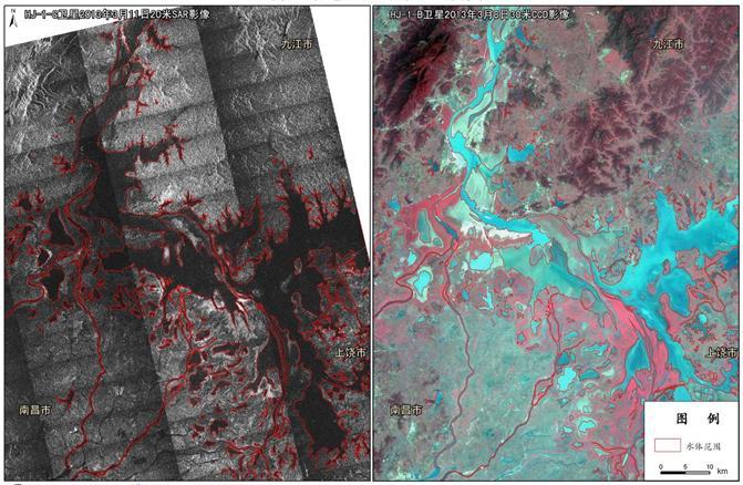 Figure 2: Remote Sensing Monitoring of Water Bodies in the Poyang Lake Area Scan Mode (Left: Water Body Extraction Result of HJ-1-C SAR Image; Right: Water Body Extraction Result of False Color